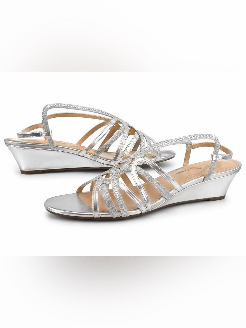 [Nina] Floryn Sparkling Silver Strappy Low Wedge Heel Sandals Women’s 8.5